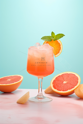 红西柚饮料粉蓝背景摄影图