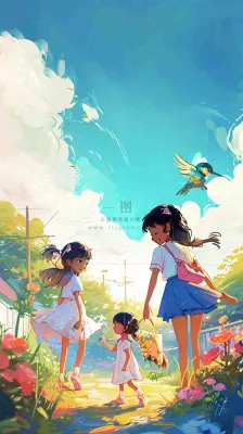 清新蓝天白云儿童路边行走手绘插画,花丛草地植物 清新蓝天白云儿童路边行走手绘插画,花丛草地植物
