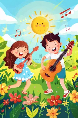 夏日音乐会乐器弹唱儿童草坪欢乐儿童节夏至卡通插画背景