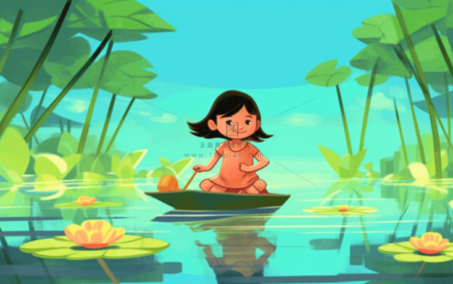 湖泊坐着睡莲上的人碧蓝插画背景 湖泊坐着睡莲上的人碧蓝插画背景