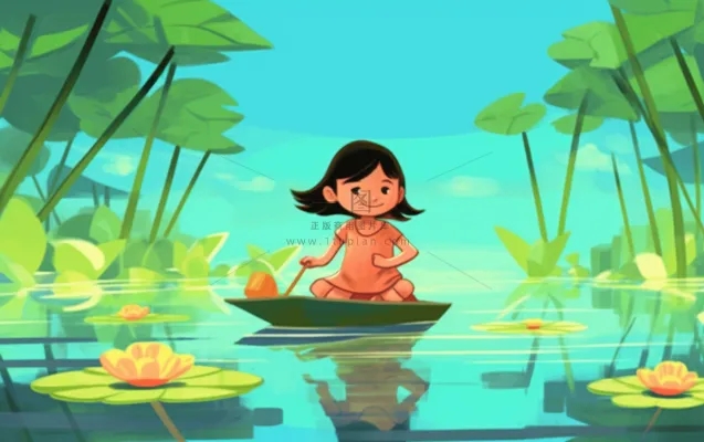 湖泊坐着睡莲上的人碧蓝插画背景 湖泊坐着睡莲上的人碧蓝插画背景