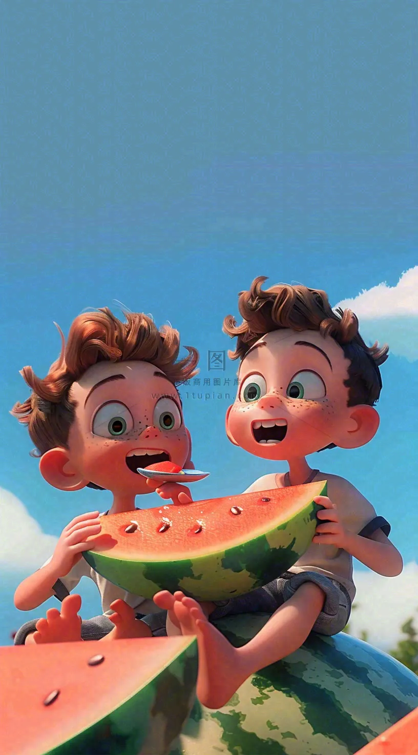 夏天西瓜男孩玩耍欢乐清凉解暑盛夏夏至大暑插画背景