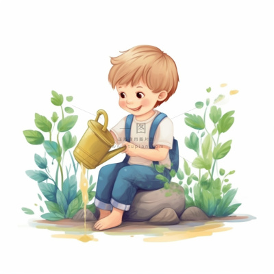 春夏小男孩在给绿植植物浇水插画海报素材背景