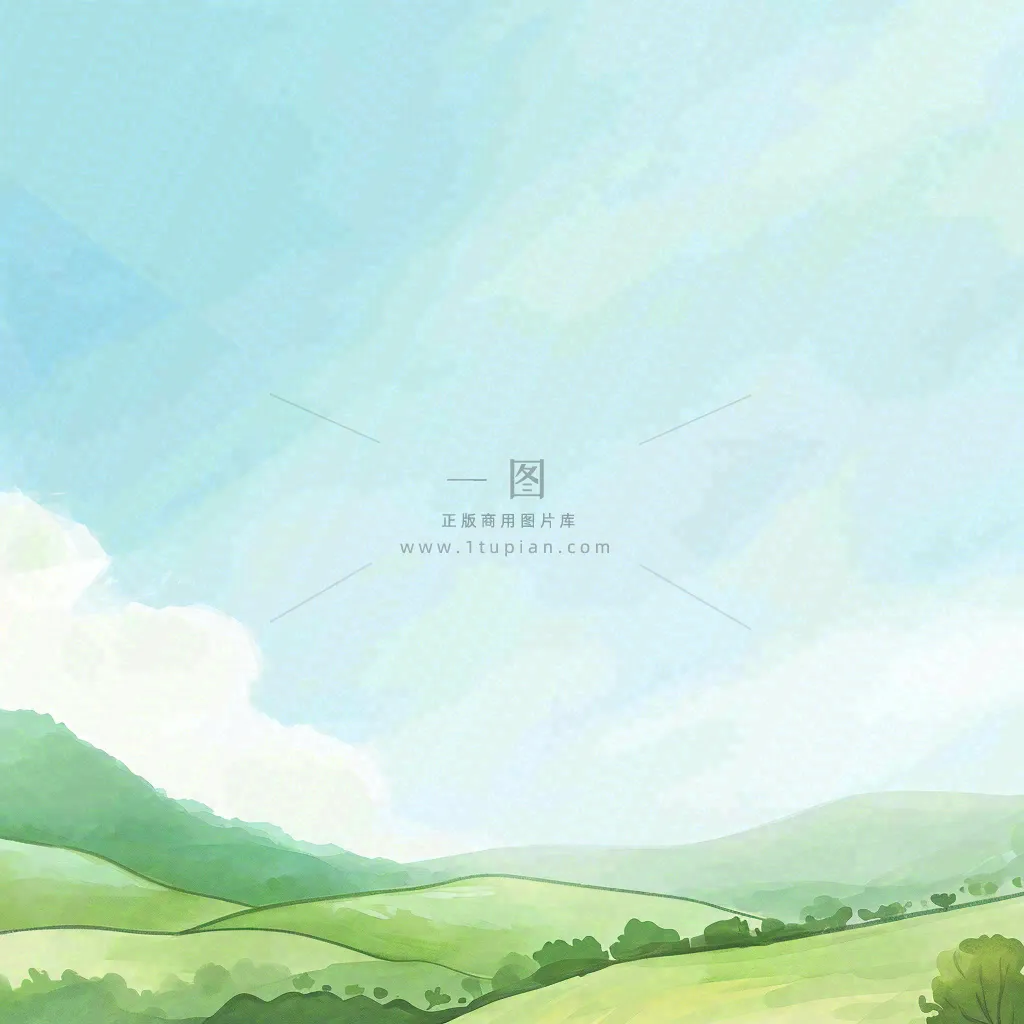 春天清新山脉田间草地绿植手绘插画