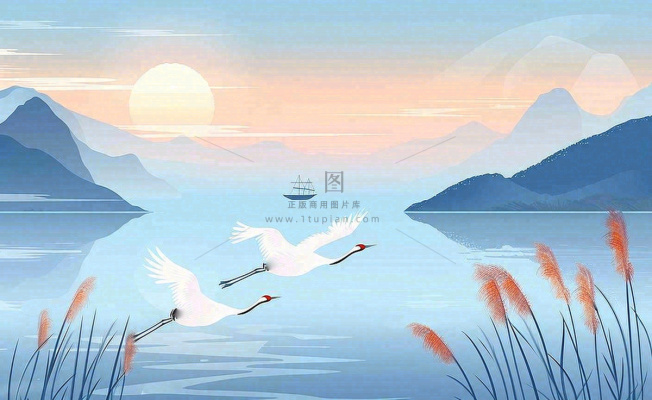 唯美白露仙鹤鸟山水风景秋天芦苇日落日出秋天插画背景