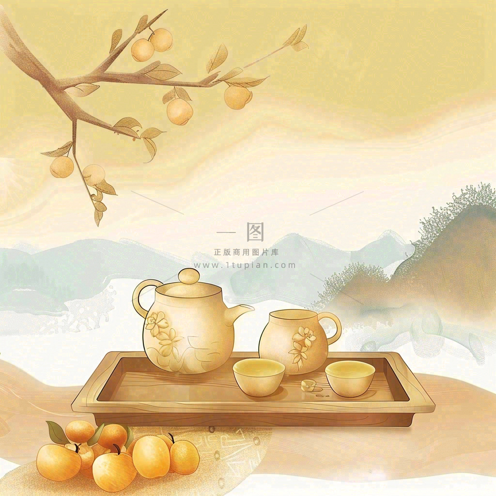 秋天果树杏树下茶壶饮茶卡通插画立秋秋分背景