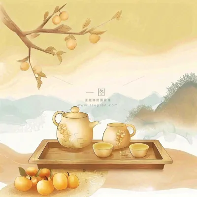 秋天果树杏树下茶壶饮茶卡通插画立秋秋分背景 秋天果树杏树下茶壶饮茶卡通插画立秋秋分背景