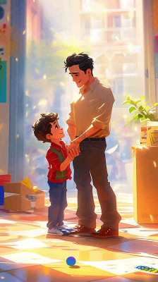 父亲节温馨父爱陪伴孩子玩耍手绘插画 父亲节温馨父爱陪伴孩子玩耍手绘插画