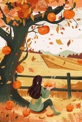 秋天橘子树下的女孩果实果树丰收立秋秋分卡通插画背景 秋天橘子树下的女孩果实果树丰收立秋秋分卡通插画背景