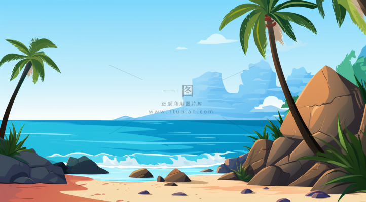 夏日海滩椰子树海浪卡通插画背景