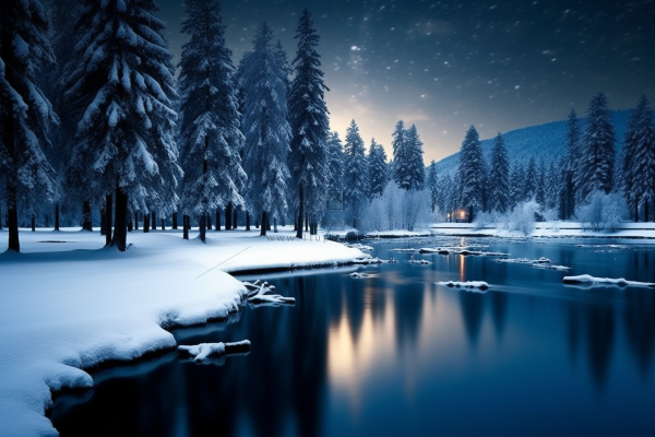 冬季下雪森林深处的湖泊河流摄影图