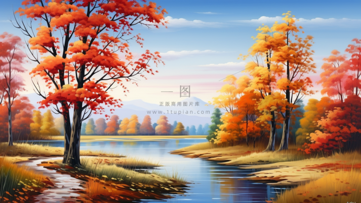 秋季树木湖泊河流风景新疆插画素材背景