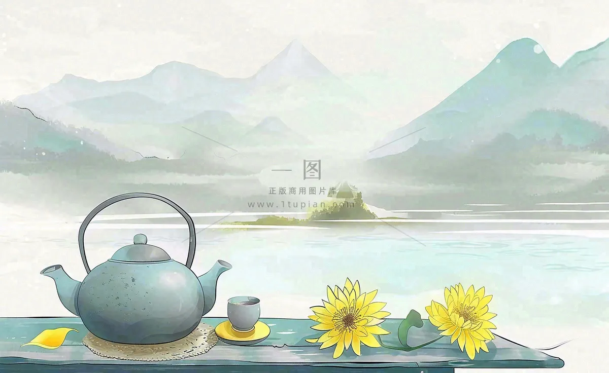 中国山水水墨画菊花饮茶重阳清明寒露插画背景