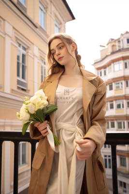 巴黎阳台时尚风衣美女手拿鲜花摄影图