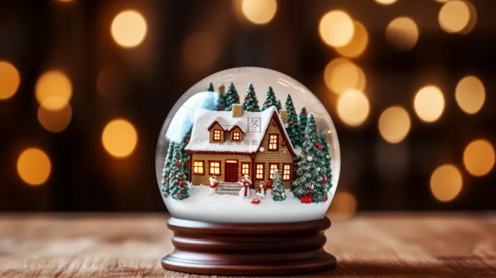 圣诞水晶球圣诞树小木屋摄影图