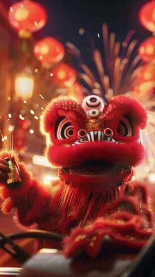 新年舞狮舞龙热闹街区红色喜庆节日小年除夕夜春节背景