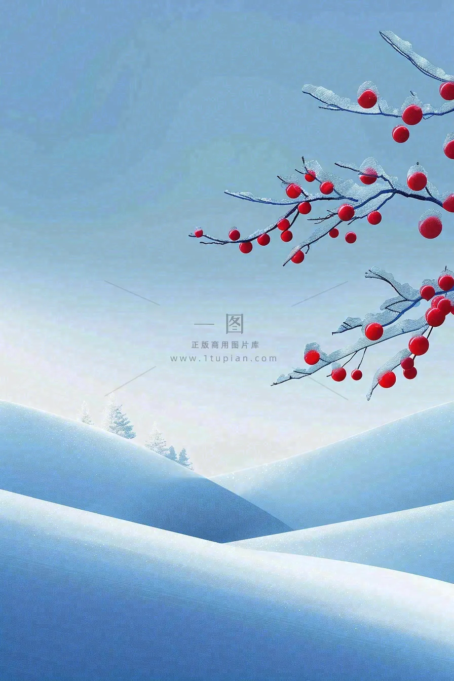 冬天雪山白霜红色果实覆盆子霜降寒露背景