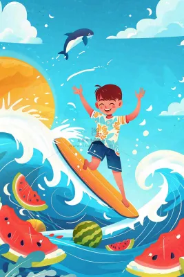 夏日炎热冲浪运动男孩西瓜清凉海鸥立夏夏至小暑大暑卡通插画背景