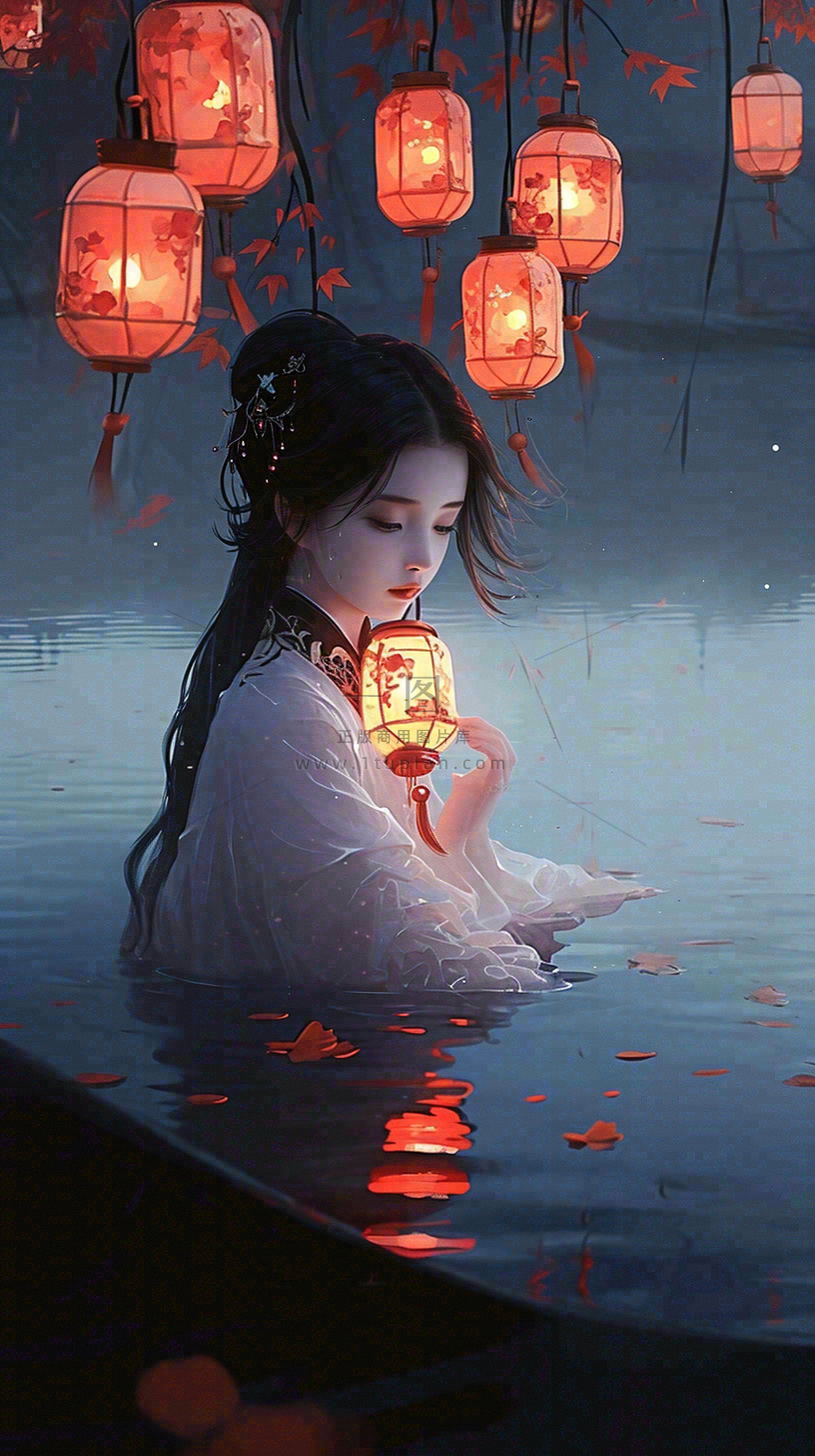 古风夜晚湖边少女灯笼意境水面