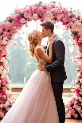 婚礼亲吻的新婚夫妇鲜花玫瑰花拱桥摄影图