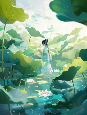 夏天插画风格古装少女在荷花池采莲花唯美夏日清凉小暑立夏夏至大暑插画背景