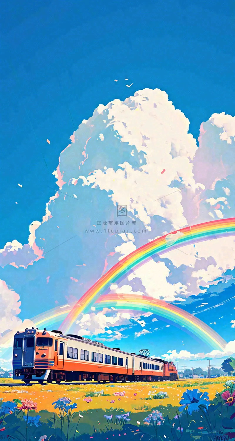 彩色绚丽彩虹蓝天白云铁路火车动车手绘插画