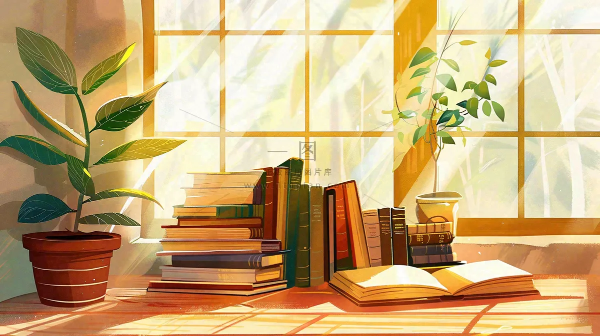 世界读书日窗前书桌书本绿植卡通插画背景