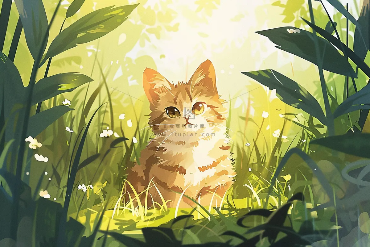 春日草丛里的猫橘猫可爱卡通插画背景