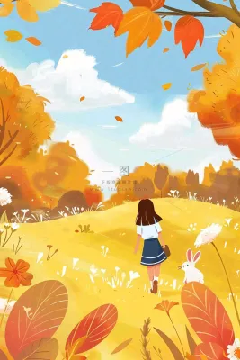 秋天秋意浓森林公园女孩白兔金黄树木草丛蓝天白云立秋秋分卡通插画背景 秋天秋意浓森林公园女孩白兔金黄树木草丛蓝天白云立秋秋分卡通插画背景