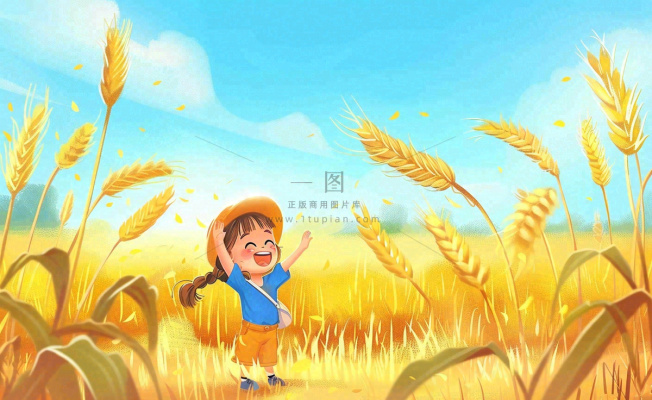 秋天丰收季麦田农田麦穗儿童嬉戏游玩芒种立秋处暑秋分卡通插画背景