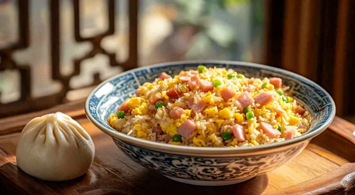 火腿肉丁炒饭鸡蛋美食主食摄影图