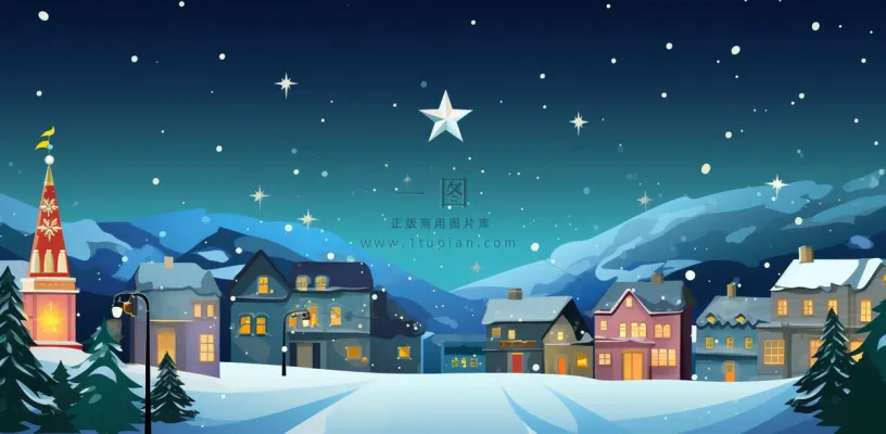 冬季雪天圣诞小镇装饰夜晚节日氛围卡通插画背景