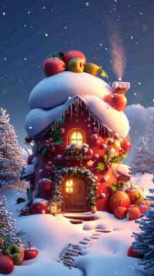 冬天苹果红色雪屋雪地雪花,圣诞节可爱卡通 冬天苹果红色雪屋雪地雪花,圣诞节可爱卡通