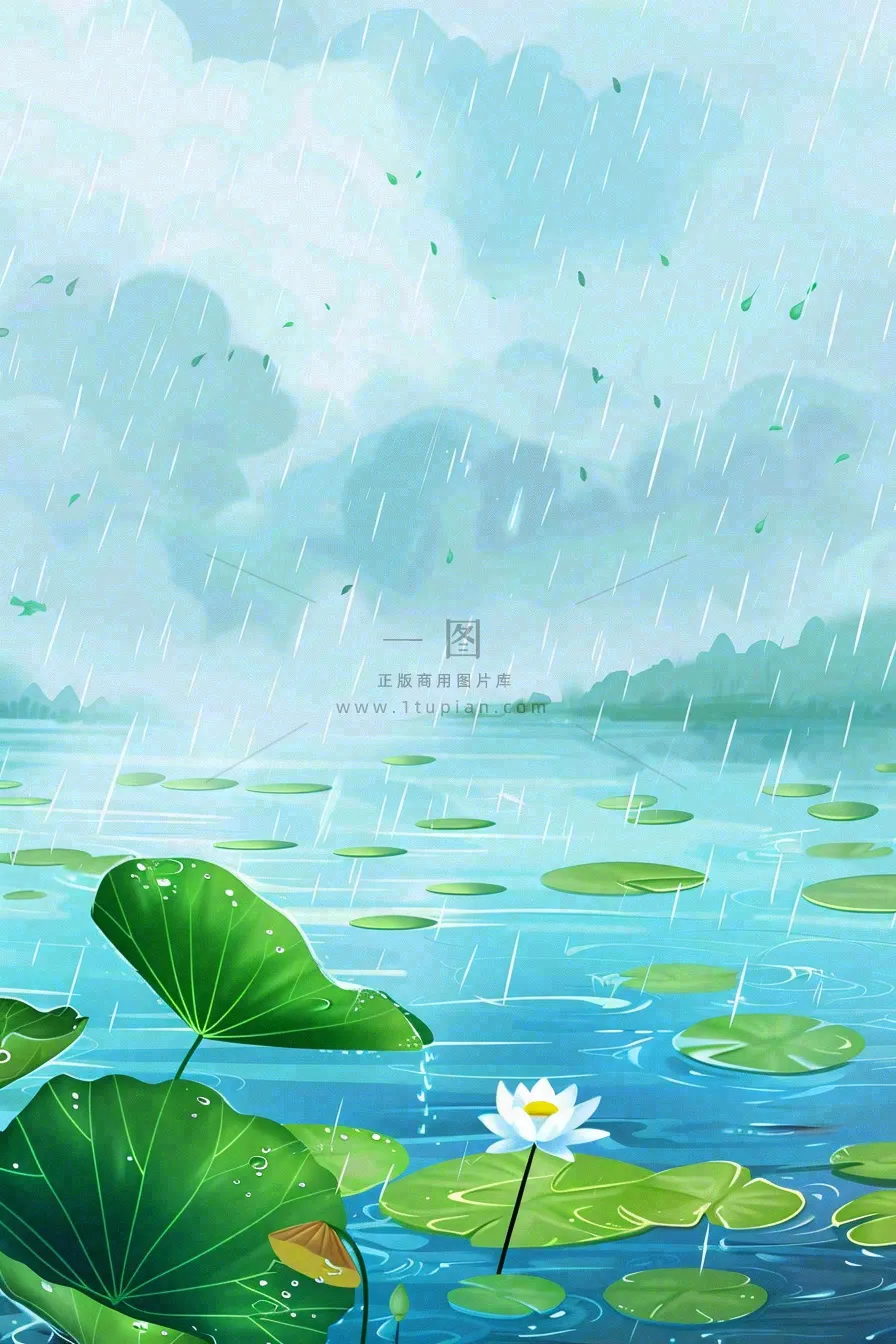 春天下雨天池塘荷花荷叶清凉雨水谷雨处暑插画背景