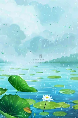 春天下雨天池塘荷花荷叶清凉雨水谷雨处暑插画背景 春天下雨天池塘荷花荷叶清凉雨水谷雨处暑插画背景