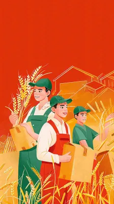 红色插画土地收成粮食农民辛勤劳作劳动节卡通插画背景