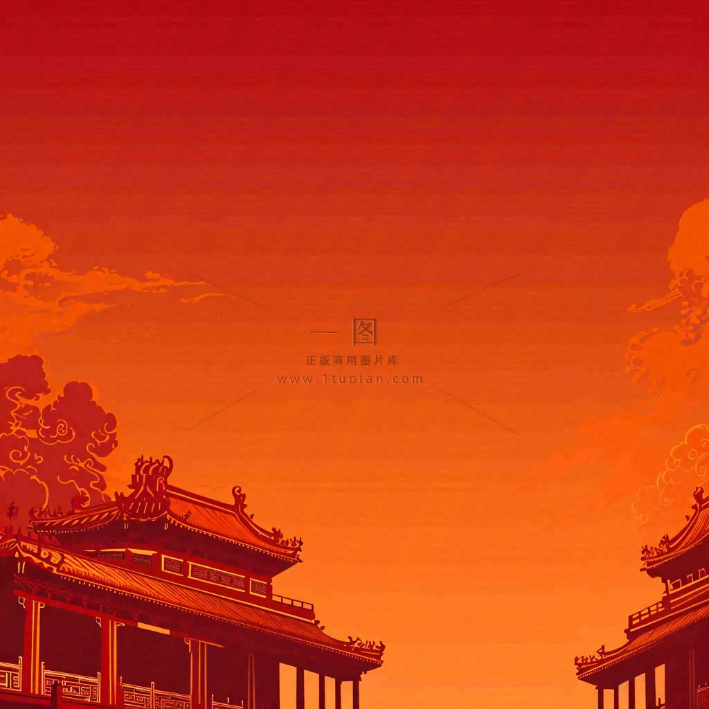 红色渐变国风建筑剪影，中国风简约