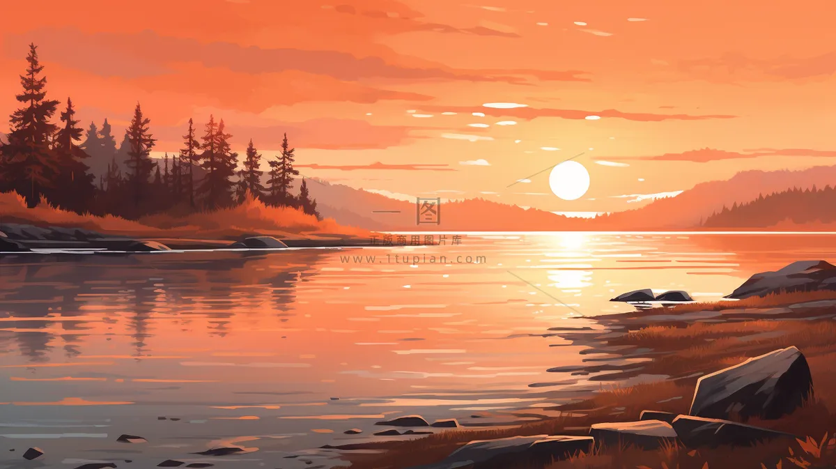 秋季夕阳下的森林湖泊倒映插画素材背景