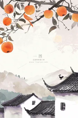 秋天婺源村庄柿子树老式建筑屋檐中国风国画水彩立秋秋分处暑背景 秋天婺源村庄柿子树老式建筑屋檐中国风国画水彩立秋秋分处暑背景