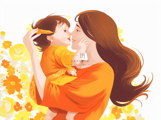 母亲节妈妈拥抱着孩子花海手绘插画素材海报背景