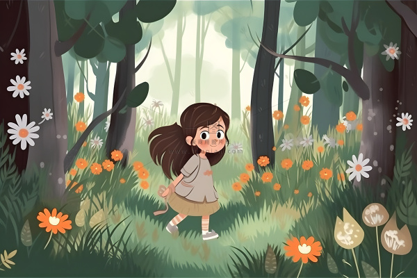 春天小女孩在森林里漫步奔跑草丛花手绘插画素材背景