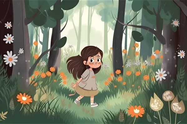 春天小女孩在森林里漫步奔跑草丛花手绘插画素材背景 春天小女孩在森林里漫步奔跑草丛花手绘插画素材背景