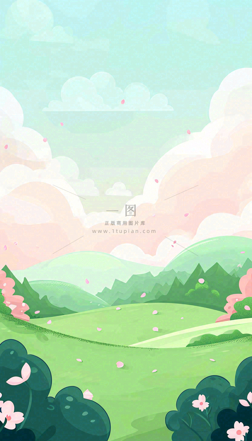春天卡通手绘绿色的山景和开满粉红色画的树,春游,踏青,春分