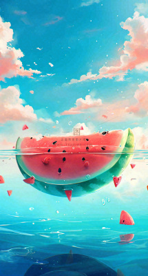 夏天海洋海面水面西瓜水果冰霜清凉，夏至小暑