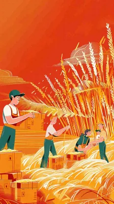 红色插画土地收成粮食农民辛勤劳作劳动节卡通插画背景