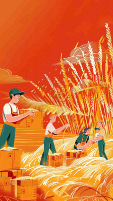 红色插画土地收成粮食农民辛勤劳作劳动节卡通插画背景 红色插画土地收成粮食农民辛勤劳作劳动节卡通插画背景