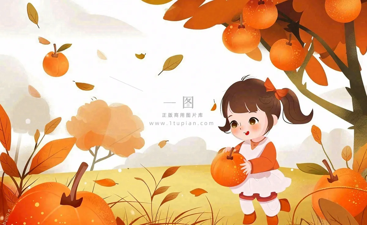 秋天摘水果的女孩果树落叶秋分立秋卡通插画背景