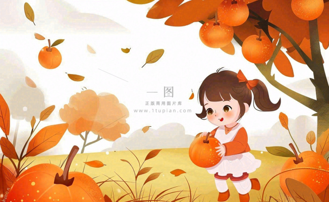 秋天摘水果的女孩果树落叶秋分立秋卡通插画背景 秋天摘水果的女孩果树落叶秋分立秋卡通插画背景