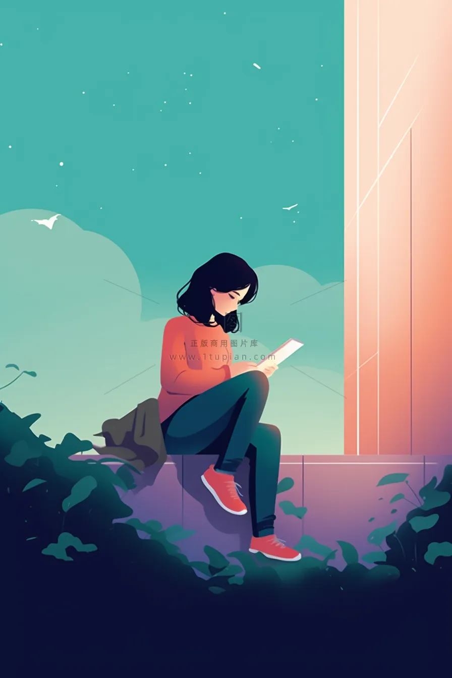 坐窗台看书的女孩少女沉思卡通插画背景