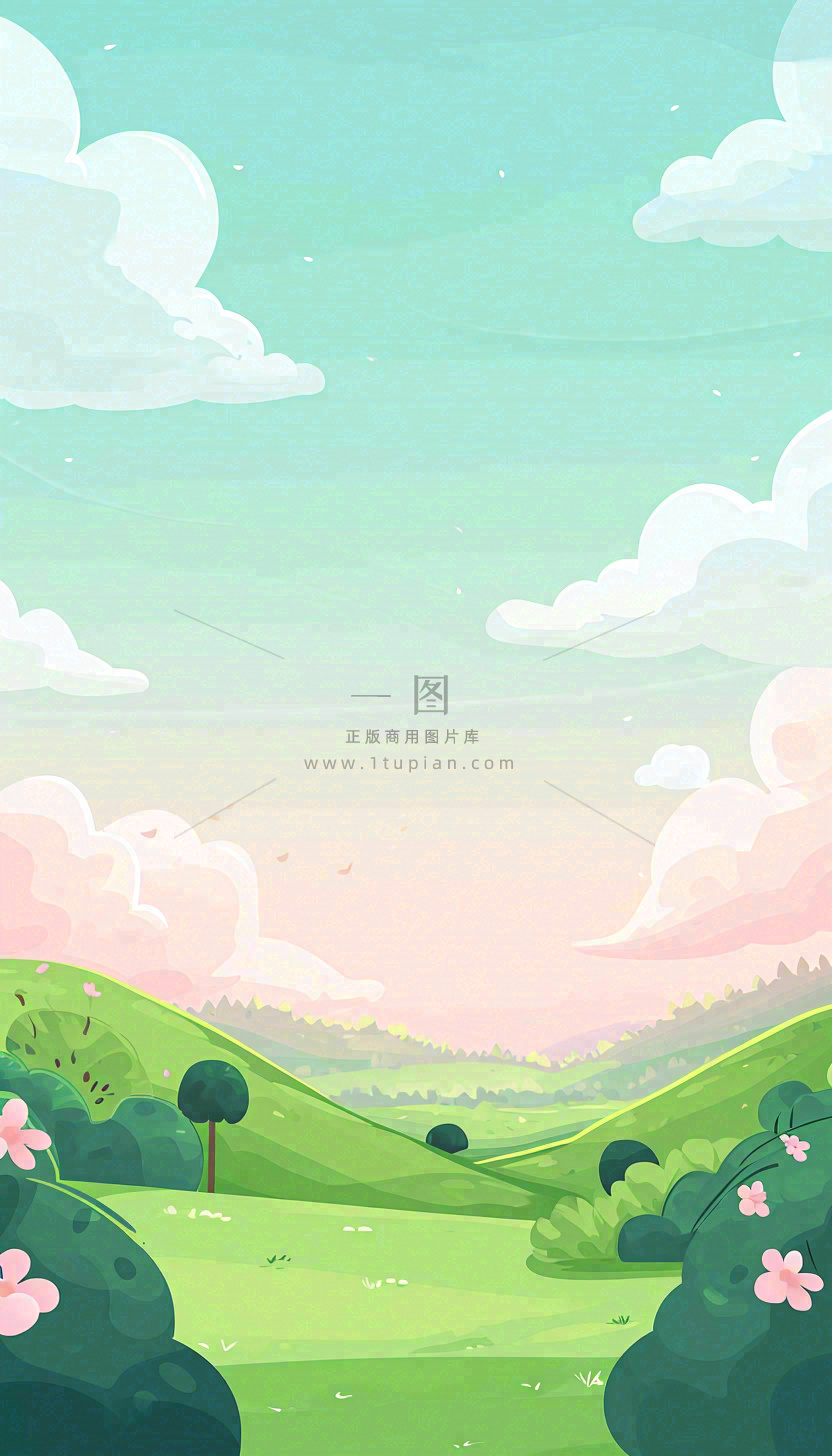 春天卡通手绘绿色的山景和开满粉红色画的树,春游,踏青,春分